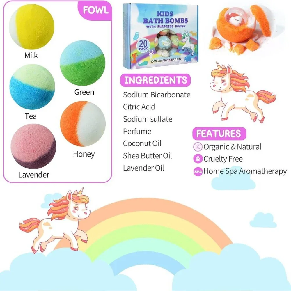 Bath Bomb Gift Set with Toys Inside, 20 Pack Organic Bath Bombs for Kids, Kids S